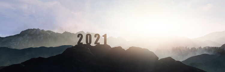 silhouette of number 2021 on the mountain, new year celebration concept