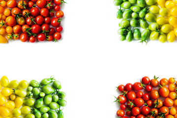 The harvest of tomatoes. Different color and varieties of tomatoes on a white background. Healthy...