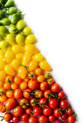 The harvest of tomatoes. Different color and varieties of tomatoes on a white background. Healthy...