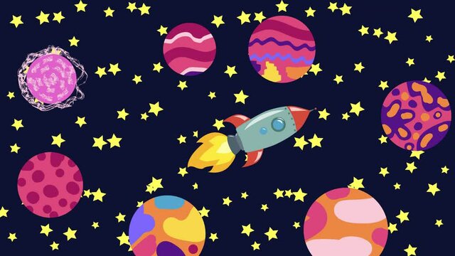 Cartoon Space. Cartoon rocket flies in outer space past the suspended planets, satellites and other objects. Flat loopback animation.