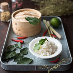 Asian Steamed White Rice Garnished with Fresh Kaffir Lime Leaves