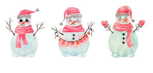 watercolor christmas snowmen clipart, cute christmas characters 
