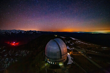 Fototapeta na wymiar Special astrophysical observatory at starry night, aerial view
