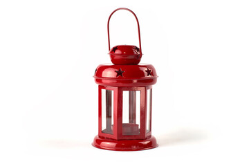 Obraz premium Red metal lantern-candlestick. On a white background. With holes in the form of stars for light reflections