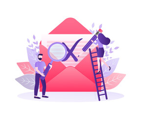 Banner for concept design. Check mark icon vector design. Flat vector character illustration. Red rejected envelope on white background.