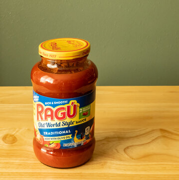 BEMIDJI, MN - 20 MAY 2020: Ragu spaghetti sauce unopened jar displayed on a counter.