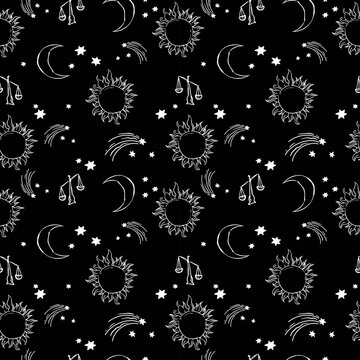alchemy mystic pattern with moon and sun and stars. cosmic sky. perfect for textile, wrapping paper.