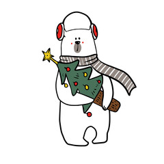 cute funy white bear in christmas outfit  with christmas candy.