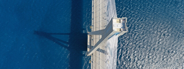 Aerial drone ultra wide panoramic photo of famous cable anti seismic bridge of Rio Antirio, Greece