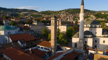 Sarajevo clock tower and old mosque in old town aerial