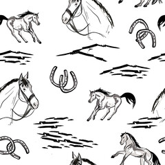 Seamless wallpaper pattern. The running horses in sketch hand drawn style. Western pattern.