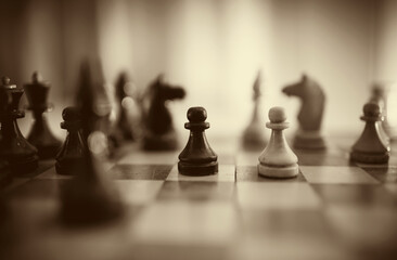 Wooden chess pieces on the chessboard.