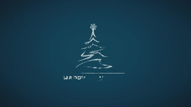 Happy New Year. Stylized text flat animation and snow with Christmas tree on dark blue background.