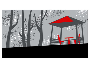 A private place for two. The stylized image of a small gazebo in the forest. Vector image for illustrations.