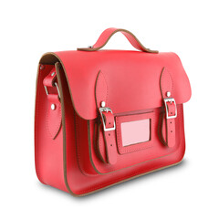Red school satchel bag with clipping path to remove shadow - obrazy, fototapety, plakaty