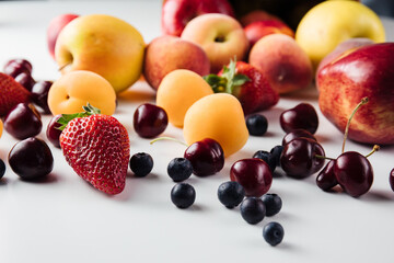 Healthy vegetarian vegan clean food in paper bag fruits on white background