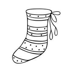 Christmas stocking simple hand drawn in doodle style vector outline illustration for coloring page, greeting cards, family gatherings winter holidays design, wintertime festive period celebration