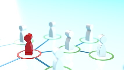 Chain of human figurines connected by green lines. Cooperation and interaction between people and employees. Dissemination of information in society, rumors. Social contacts. 3D illustration CG.