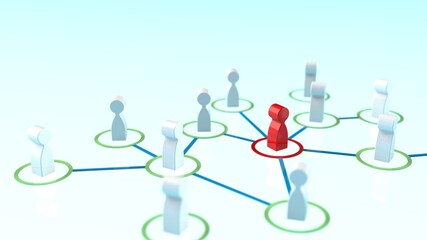 Chain of human figurines connected by green lines. Cooperation and interaction between people and employees. Dissemination of information in society, rumors. Social contacts. 3D illustration CG.