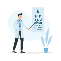 Ophthalmologist doctor near eye chart. Vector flat design illustration.