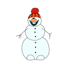 Cute smiling snowman in a hat. Blue Snow Face Smile Illustration Vector Isolated White Background