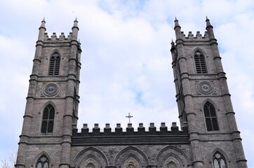 Fototapeta na wymiar Canada Montreal Notre-Dame Basilica of Montréal Outside Look-Up