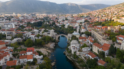 Mostar city old bridge aerial view
