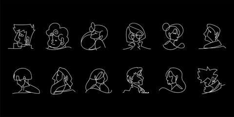 people faces profile icons black background continuous line style