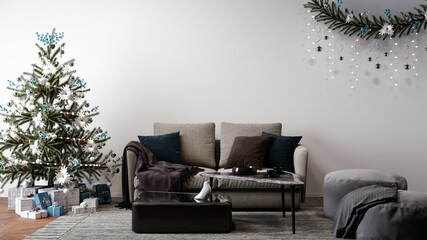 christmas tree next to sofa and poufs, christmas decorated living room concept, 3D background illustration