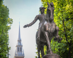 A statue of Paul Revere near the Old North Church in Boston