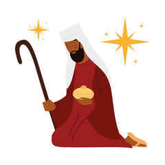 nativity, manger balthazar wise king with gift cartoon
