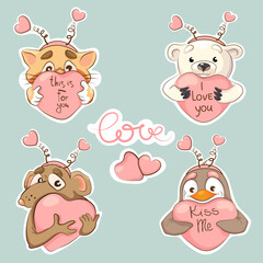 Obraz premium A set of stickers of cute animals: a cat, a polar bear, a rat, a penguin in funny headbands with hearts, holding a pink heart in their paws. 