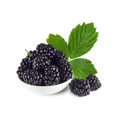 Heap of ripe blackberries in bowl with leaf isolated on white background 