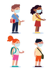 back to school for new normal, teenage students with medical masks and backpacks cartoon