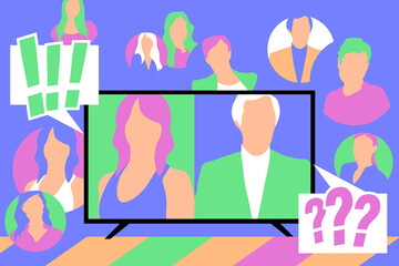 VIDEO CALL conference. Abstract concept. Floating AVATARS & Speech bubbles.. Stream friends. Talking about the news and global events. Vector flat illustration.