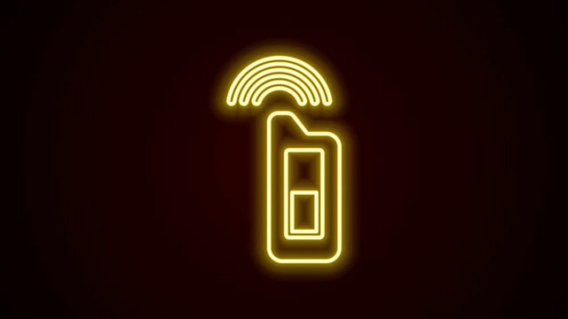 Glowing neon line Car key with remote icon isolated on black background. Car key and alarm system. 4K Video motion graphic animation