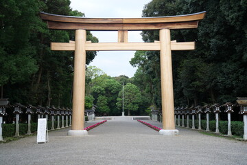 Nara,Japan-October 15, 2020: Torii gate of Kashiharajingu Shrine in Nara
