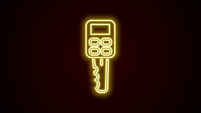 Glowing neon line Car key with remote icon isolated on black background. Car key and alarm system. 4K Video motion graphic animation