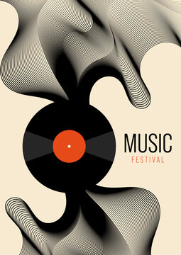 Music poster design template background with vinyl record and abstract stripe line
