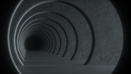 Gray concrete tunnel with dramatic light and dark at the end. Abstract background. Repeating pattern of flights. 3d rendering