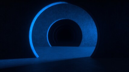 Abstract illuminated empty corridor interior made of gray concrete. Glowing blue lines with shadow, neon light rays. Hallway arch tunnel corridor on dark background. 3d rendering