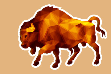 Bison, bull, isolated image on a colored background in a low-poly style, with an outline for stickers