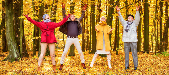 Group of happy senior friends having fun in autumn park.