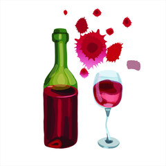 Bottle and  glass of red wine, splash of red WINE isolated on white background. Poster, kitchen print design with blots and splatters.
