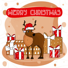 Merry Christmas text with Cute hand drawn cartoon deer in Santa Claus hat with red and golden gifts for holidays for greeting card