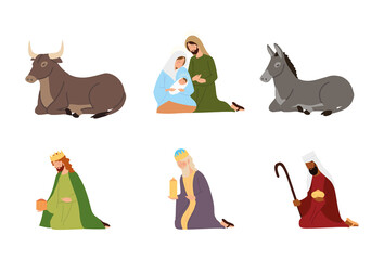 nativity, manger icons wise kings joseph mary baby and animals - obrazy, fototapety, plakaty