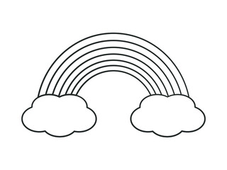 Rainbow with clouds outline black and white cartoon illustration. Simple easy coloring book page activity worksheet for kids.