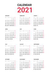 Simple 2021 Calendar Design on White Background