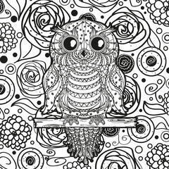 Square shape with patterned owl. Hand drawn background. Black and white illustration