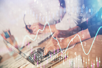 Multi exposure of woman hands typing on computer and financial chart hologram drawing. Stock market analysis concept.